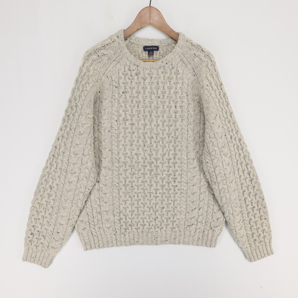 Lands End Sweater Mens L Beige Speckled Lambswool Cable Knit Crewneck Donegal
